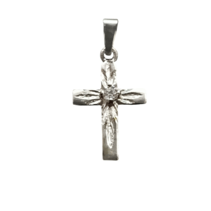 14k valkokultainen rippiristi cubic zirkonialla ja koristekaiverruksilla