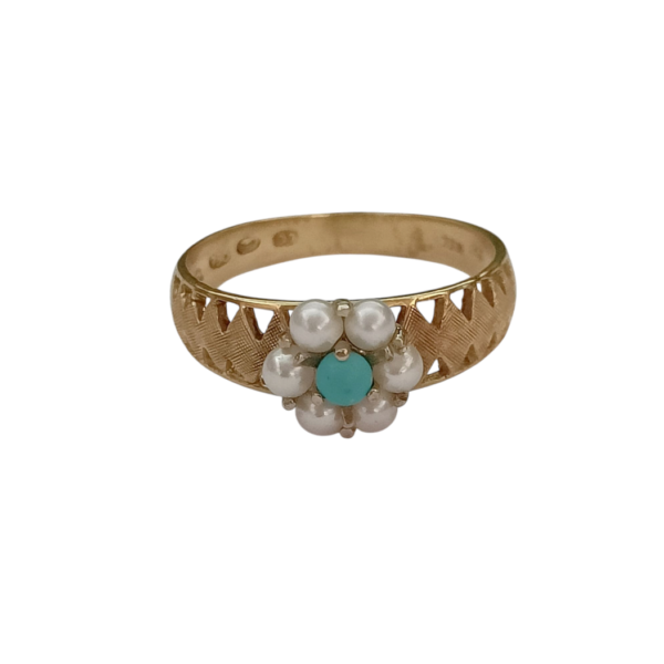 Vintage-sormus 18k kultaa – turkoosi & helmet 1967