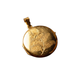 Vintage 18k keltakultainen medaljonki kukkakaiverruksella, halkaisija 30 mm.